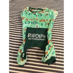 Rudolph Red-Nosed Reindeer Dog Pajamas Large Holly Jolly Fleece Pet Onesie Green